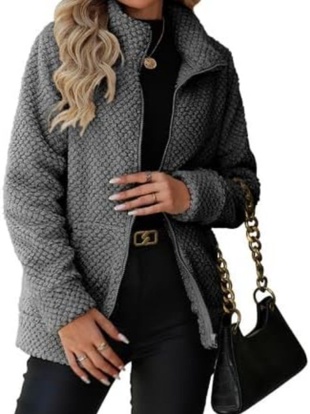 Women's Black Grey Zip Stand Collar Fleece Sherpa Pockets long sleeve Jacket